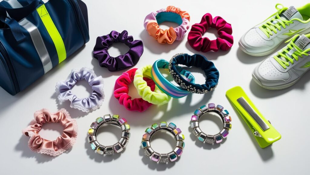 Acessórios de cabelo como scrunchies, presilhas e faixas dispostos ao lado de um tênis esportivo e uma bolsa de academia