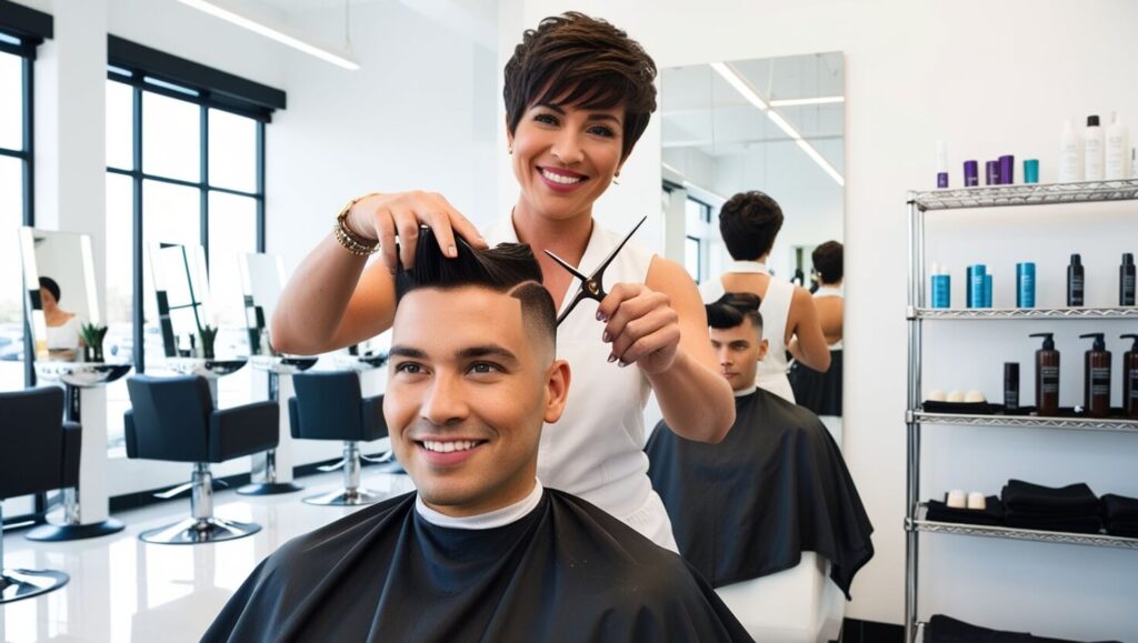 Cabeleireiro cortando o cabelo de uma cliente com rosto quadrado em um salão moderno