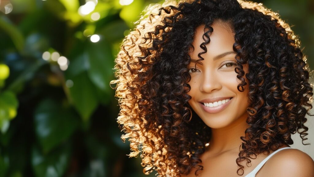 Cabelo cacheado saudável ao ar livre, iluminado pelo sol, mostrando os benefícios de uma rotina capilar suave