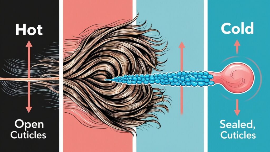 Diagrama de fio de cabelo mostrando cutículas abertas e fechadas em resposta a diferentes temperaturas de água.