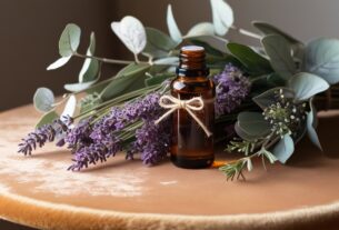 Frasco de óleo essencial ao lado de flores de lavanda e folhas de eucalipto em uma mesa de madeira iluminada. (3)