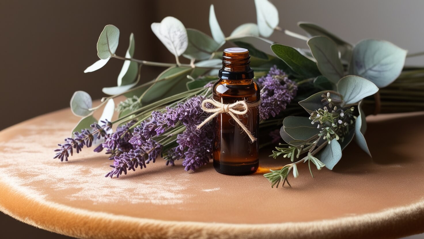 Frasco de óleo essencial ao lado de flores de lavanda e folhas de eucalipto em uma mesa de madeira iluminada. (3)