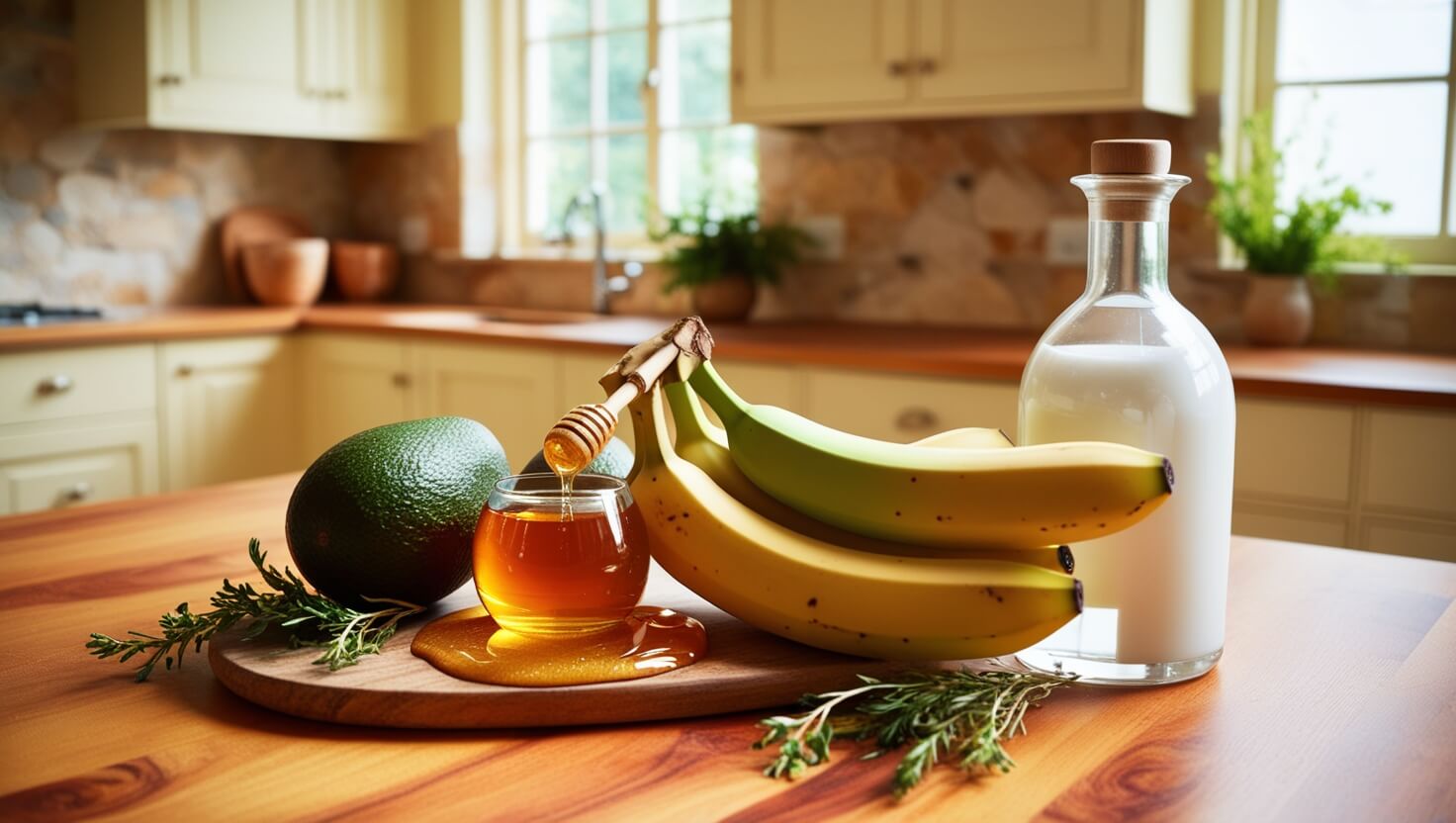 Ingredientes frescos para máscaras capilares caseiras abacate, mel, banana e óleo de coco.