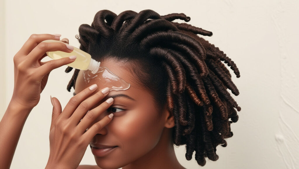 Mãos aplicando gel caseiro de linhaça em cabelos afro, destacando a definição dos cachos