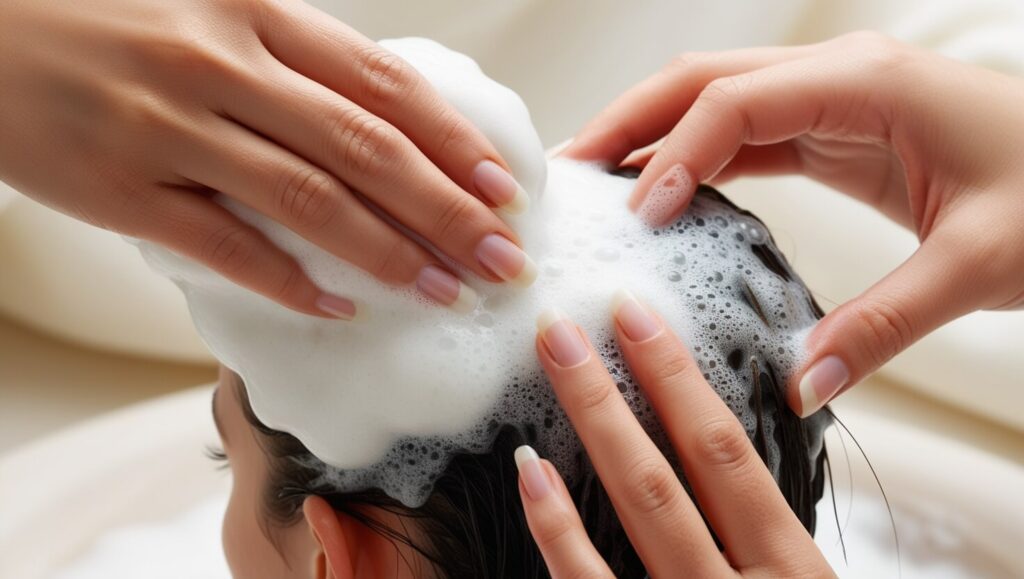 Mãos aplicando shampoo anticaspa no cabelo, mostrando a rotina de prevenção da caspa.