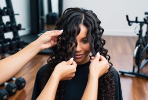 Mãos trançando cabelo cacheado, com equipamentos de academia ao fundo, destacando a funcionalidade do penteado