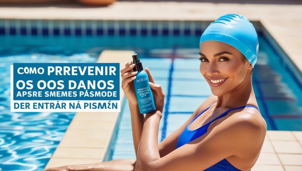 Mulher aplicando sérum capilar protetor antes de nadar, usando touca de natação ao lado de uma piscina.