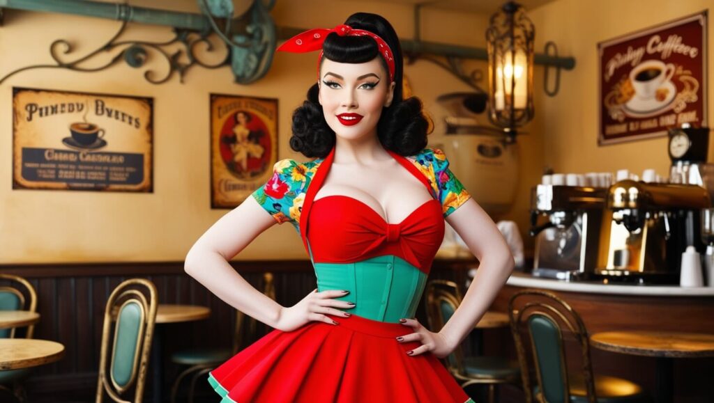 Mulher com bandana vermelha em estilo pin-up em um ambiente de café retrô.