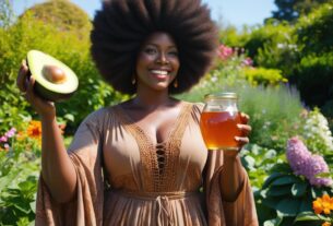 Mulher com cabelo afro volumoso segurando um abacate em um jardim exuberante, simbolizando o uso de produtos naturais