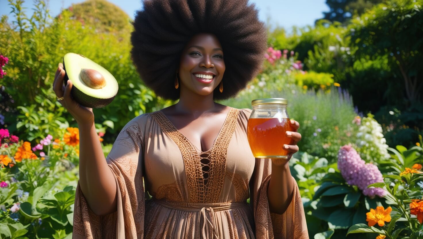 Mulher com cabelo afro volumoso segurando um abacate em um jardim exuberante, simbolizando o uso de produtos naturais