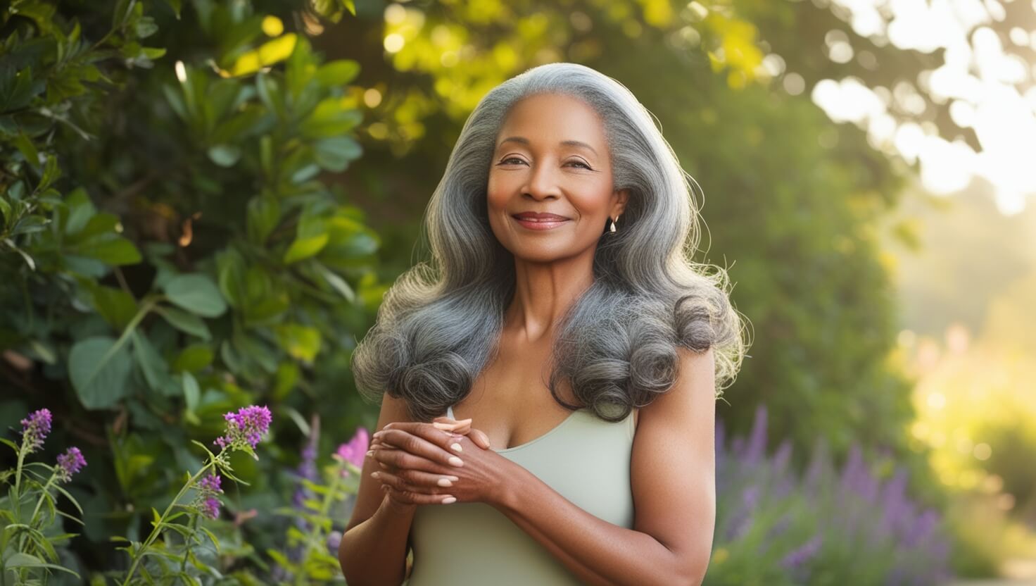 Mulher de cabelos grisalhos em ambiente natural, transmitindo confiança e elegância.