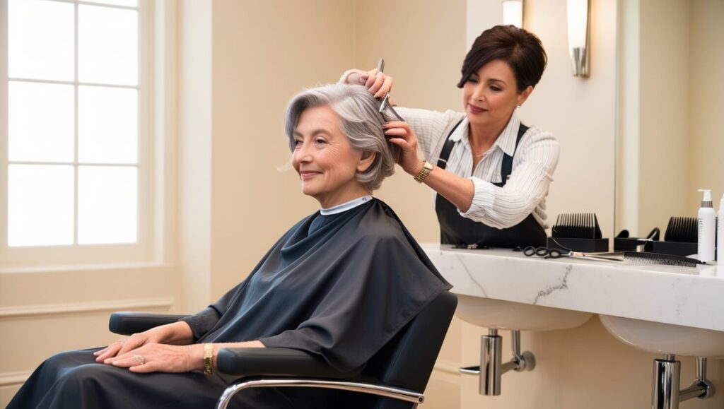 Mulher grisalha em um salão de cabeleireiro, recebendo um corte moderno e elegante.