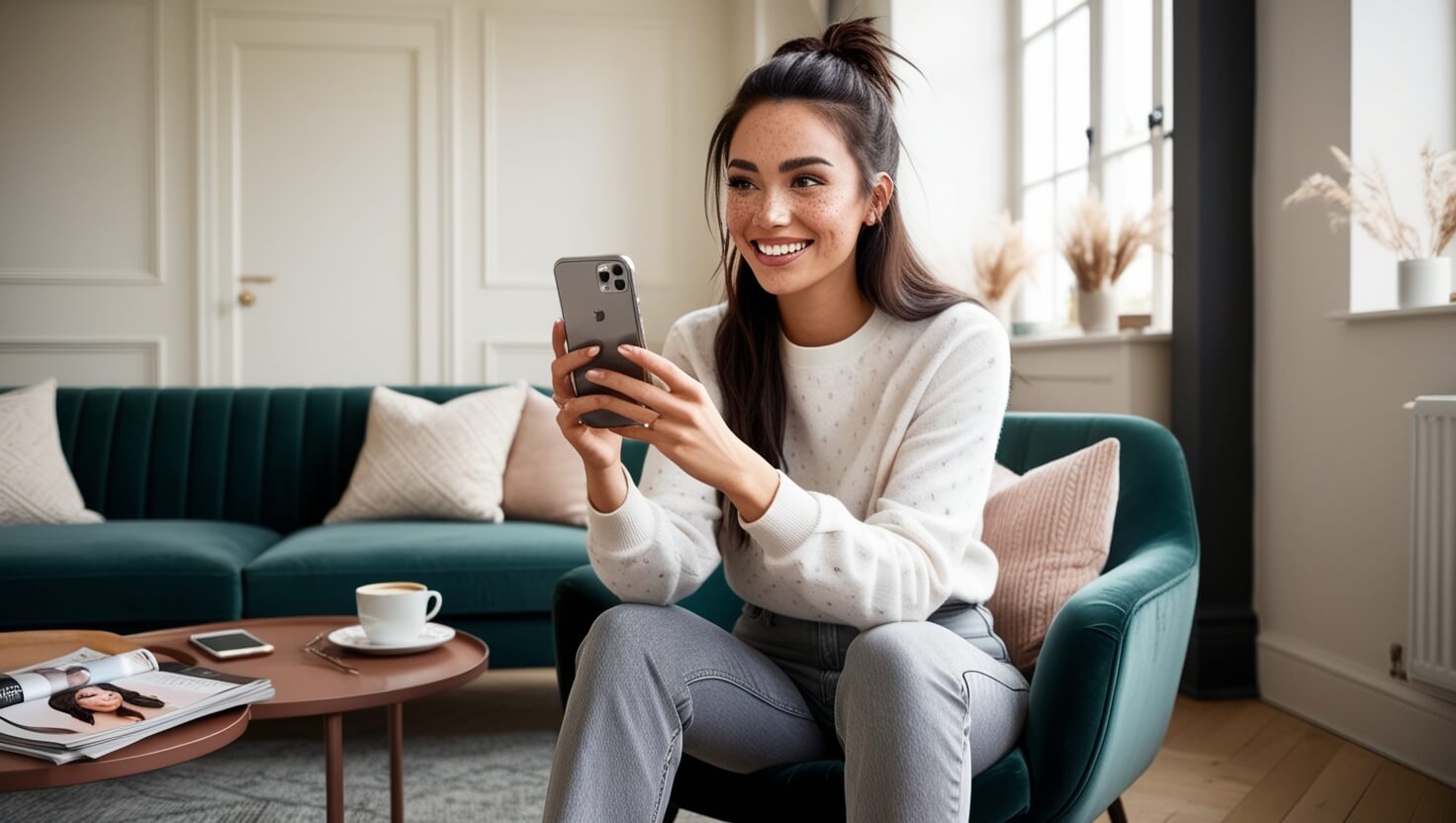 Mulher testando cortes de cabelo em um aplicativo de simulação em seu smartphone