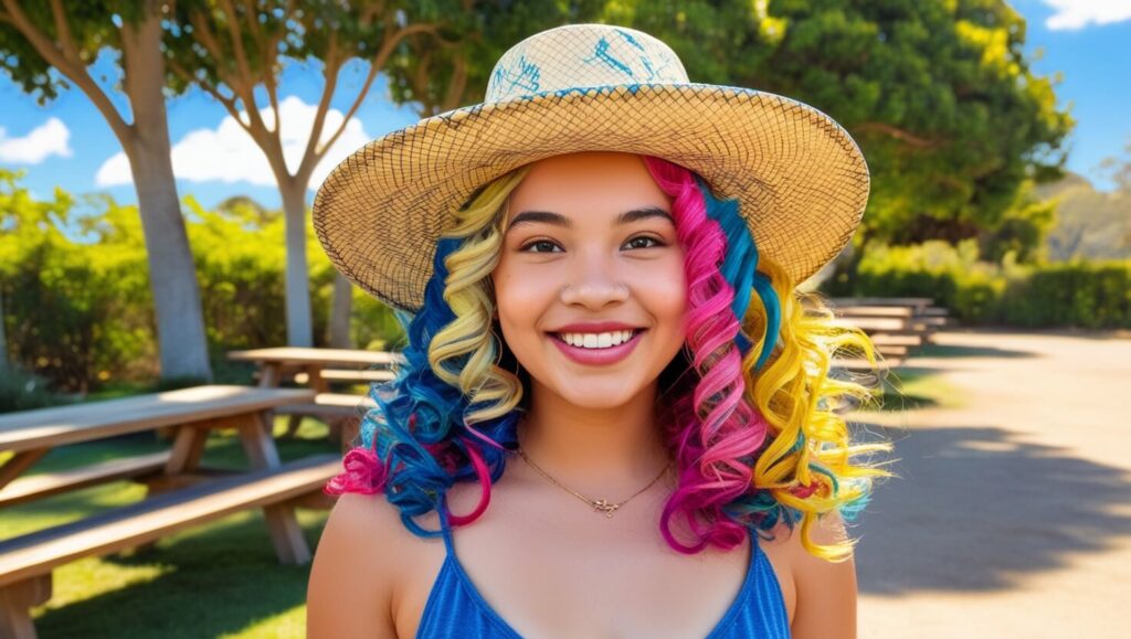 Pessoa com cabelo colorido usando chapéu ao ar livre em um cenário ensolarado, protegendo os fios do sol.