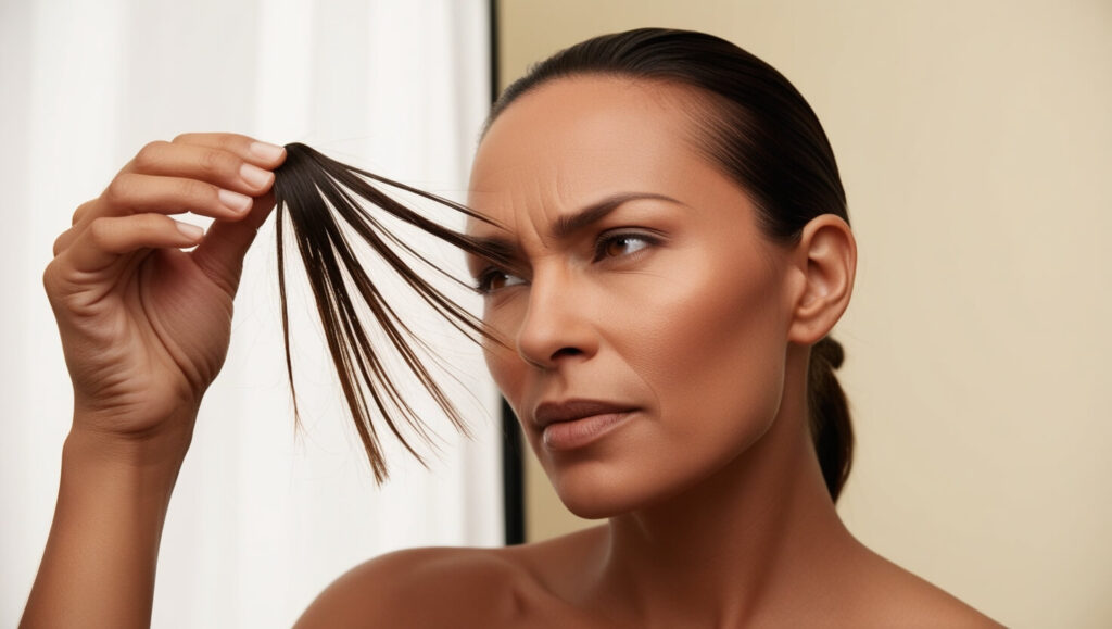 Pessoa examinando as pontas do cabelo, com foco nas pontas duplas para mostrar a aparência de danos nos fios.