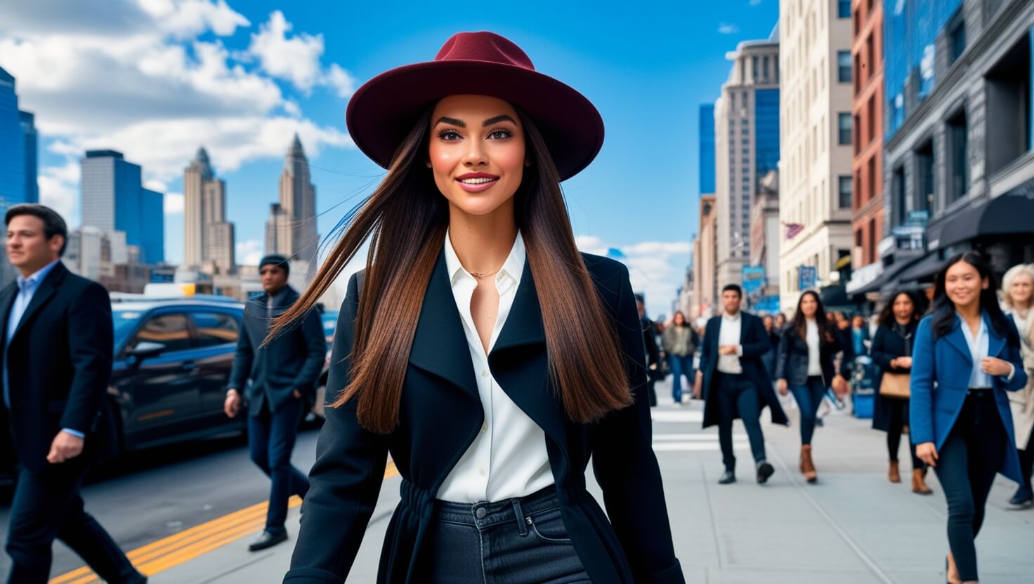 Uma mulher caminhando em um ambiente urbano com os cabelos protegidos por um chapéu elegante