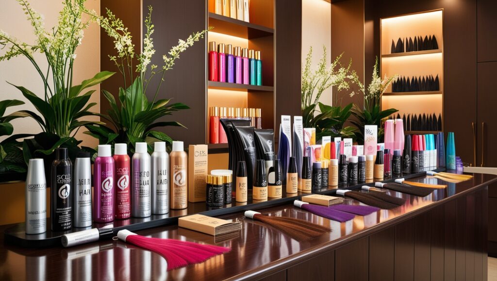 Vários produtos de coloração de cabelo em uma bancada de salão, incluindo opções temporárias, permanentes e tonalizantes.