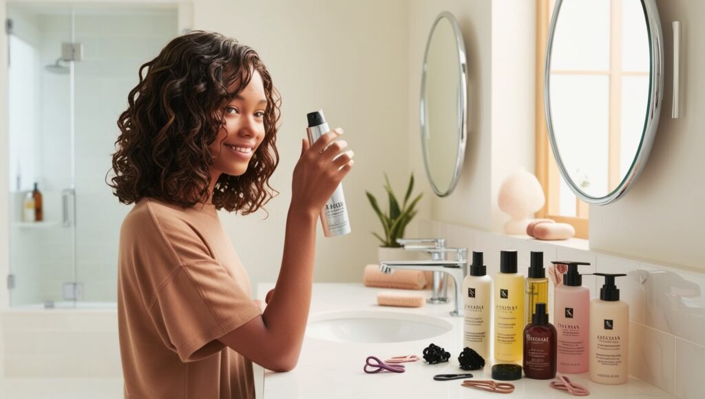 pessoa aplicando protetor térmico no cabelo com frascos de produtos de cabelo no fundo.